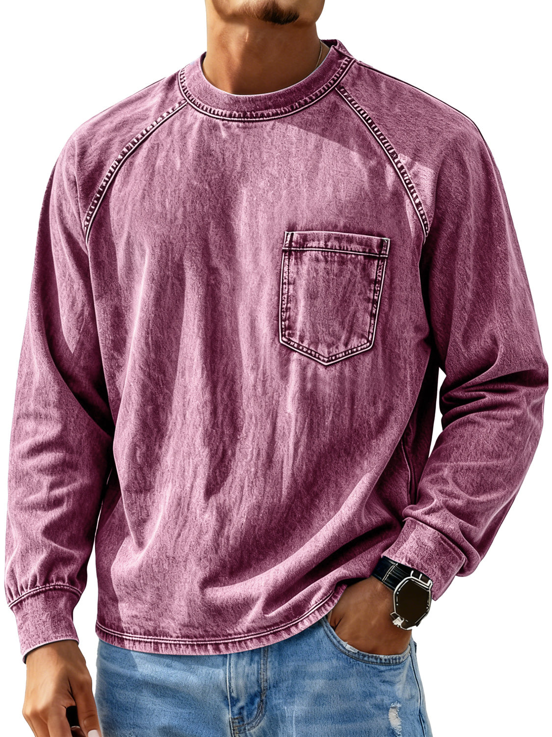 Men's Retro Crew Neck Raglan Casual Pocket Long Sleeve T-Shirt