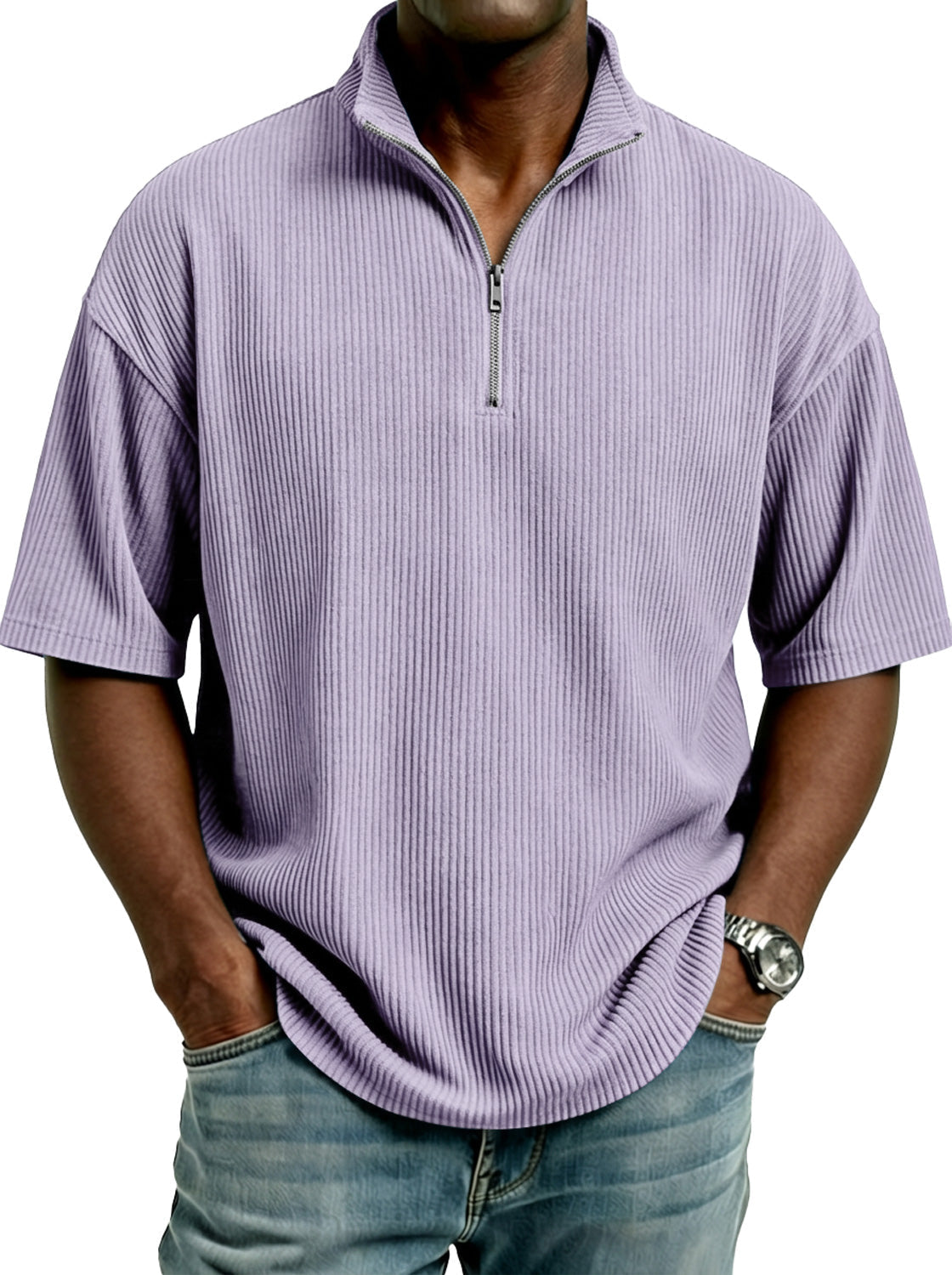 Men's Simple Corduroy Stand-collar Zip-up Casual Short-sleeved T-shirt