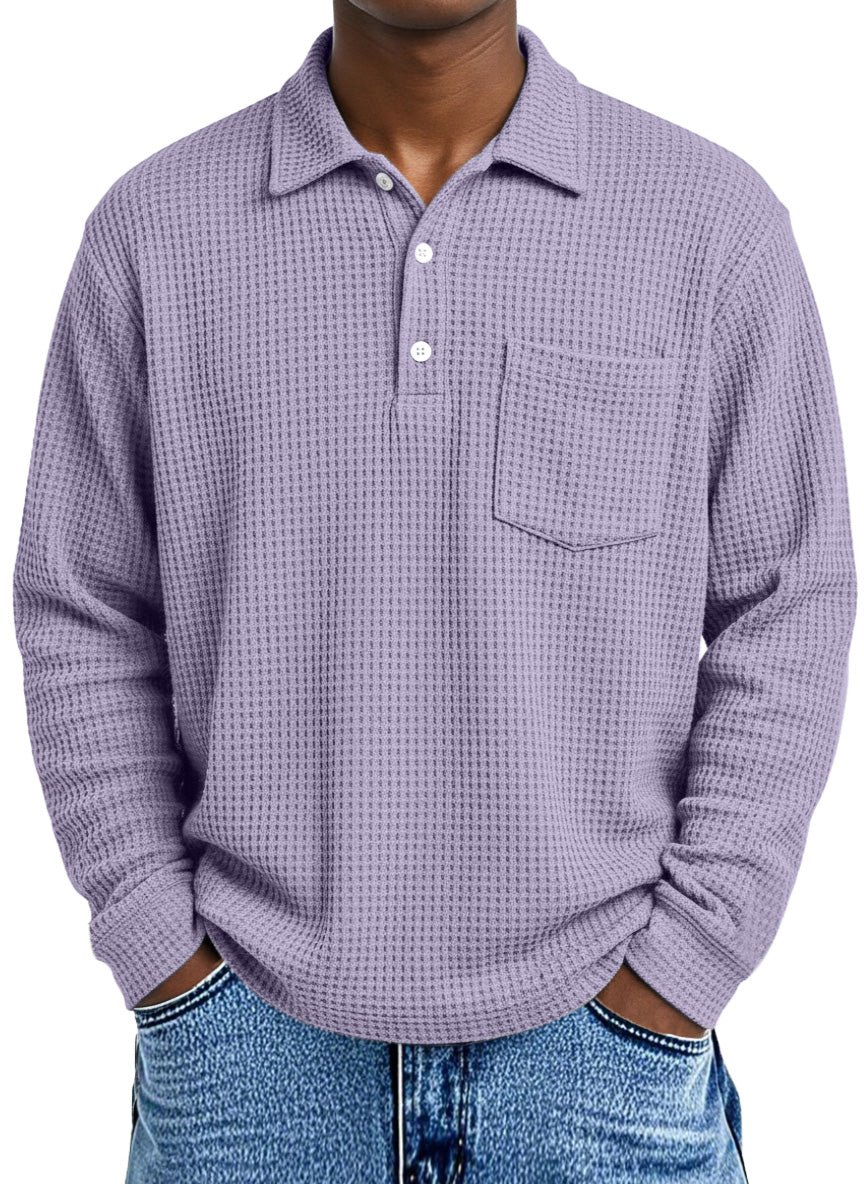 Men's Loose Simple Solid Color Waffle Long Sleeve Lapel Polo Shirt