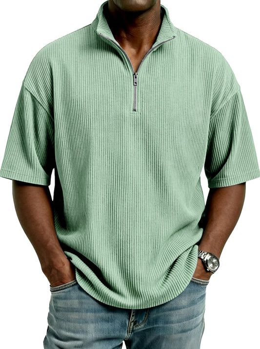 Men's Simple Corduroy Stand-collar Zip-up Casual Short-sleeved T-shirt