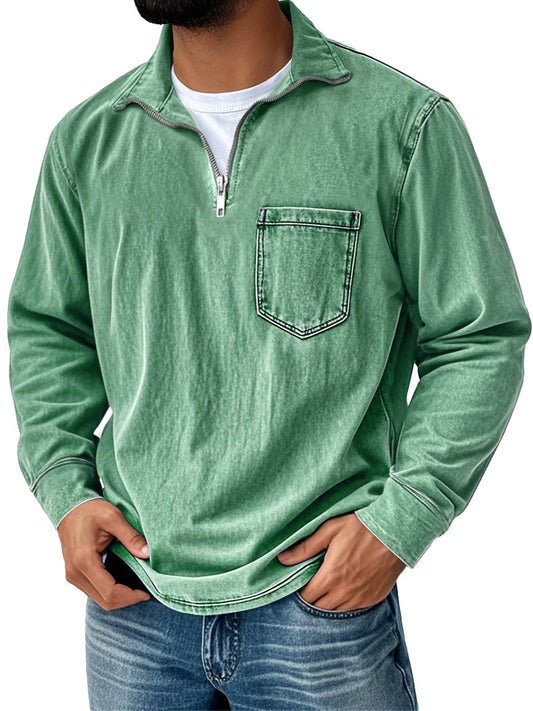 Men's Retro Casual Stand Up Collar Zipper Pocket Distressed Long Sleeved T-shirt
