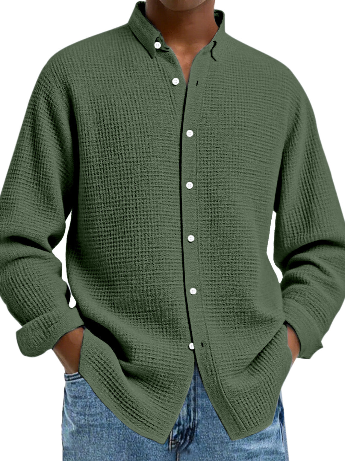 Men's Solid Color Casual Breathable Fabric Button Long Sleeve Shirt