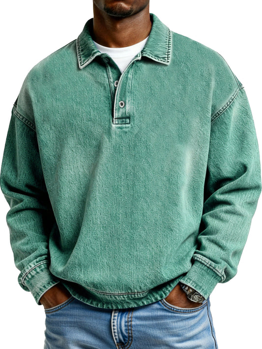 Retro Solid Color Simple Button Lapel Long Sleeve Polo Shirt