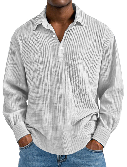 Men's Daily Simple Solid Color Pleated Long Sleeve Lapel Polo Shirt