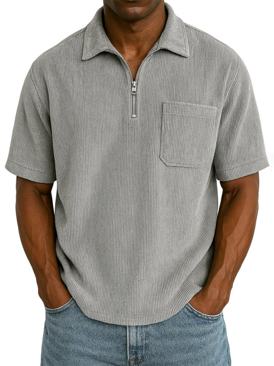 Men's Stylish Ribbed Pit Corduroy Quarter-Zip Casual Short Sleeve POLO Shirt