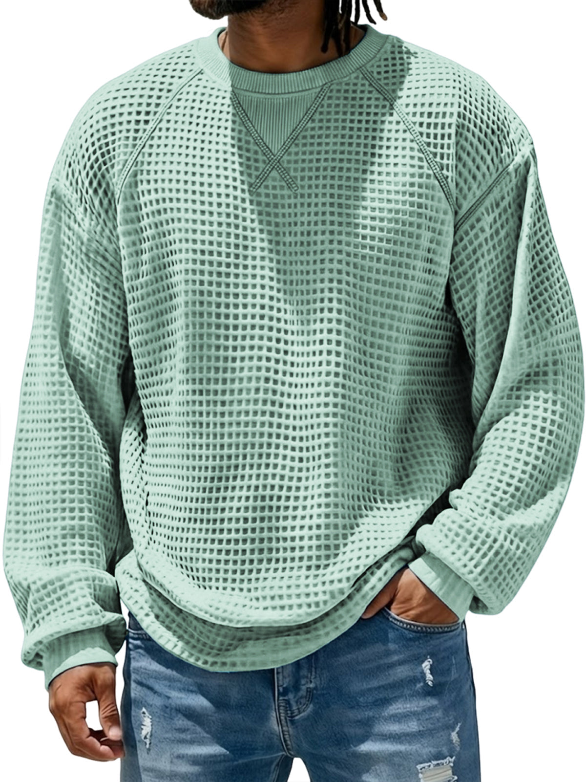 Men's Breathable Waffle Textured Raglan Patchwork Basic Pullover Top