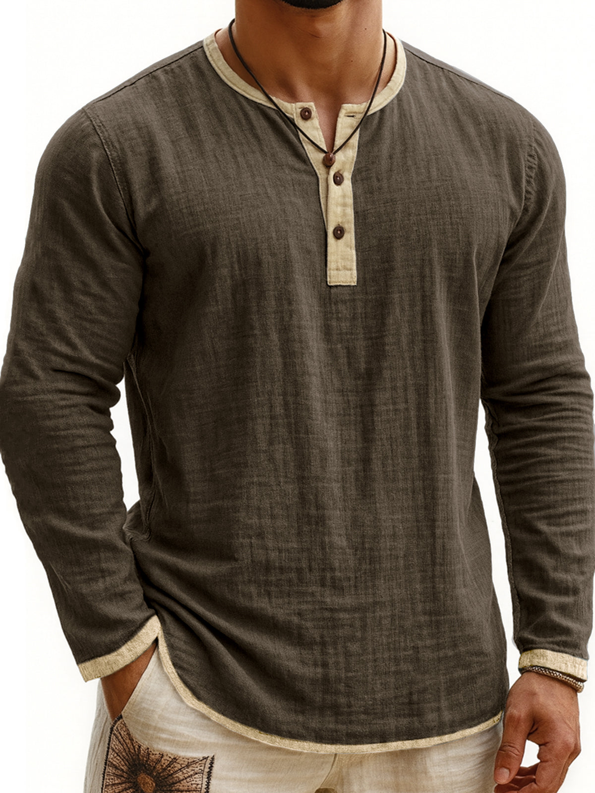 Men's Breathable Linen Vintage Contrast Casual Henley Shirt