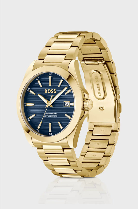 GOLD-TONE WATCH WITH BLUE RIDGED DIAL