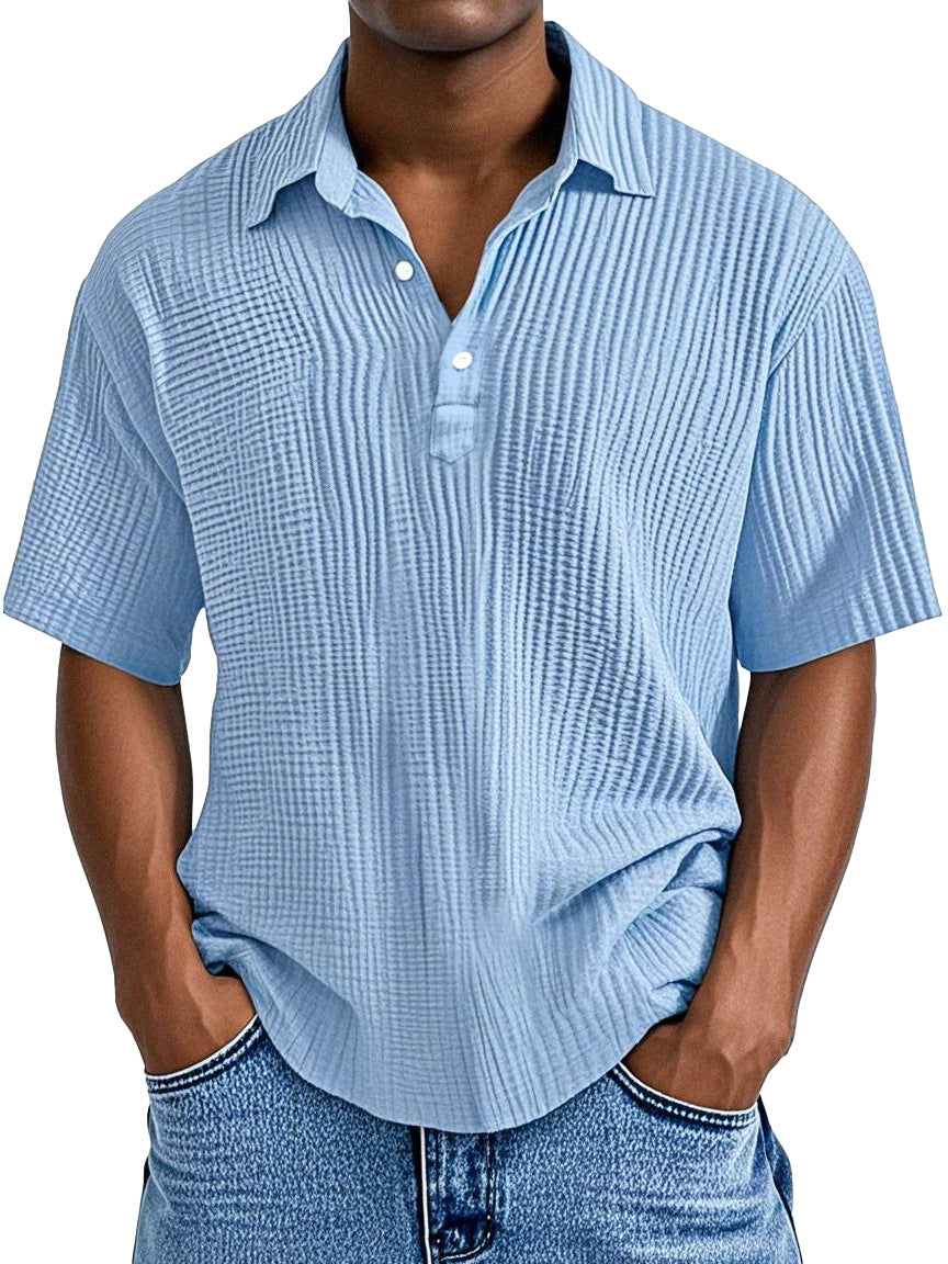 Men's Simple Daily Loose Pleated Texture Short Sleeve Lapel Polo Shirt