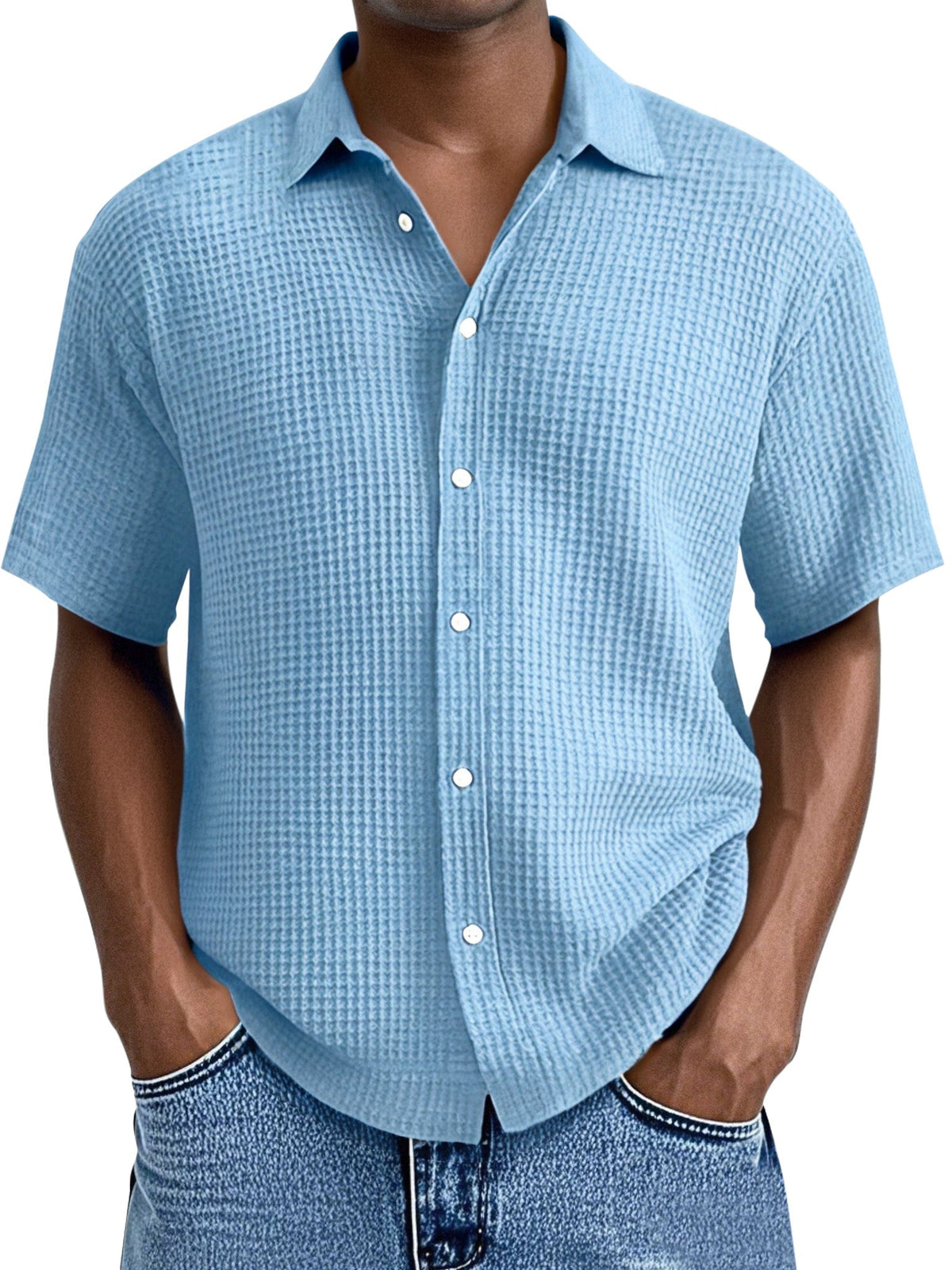 Men's Everyday Loose Waffle Textured Lapel Button-down Short Sleeve Shirt
