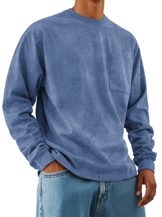 Men's Fashion Retro Casual Round Neck Pocket Long Sleeve T-shirt