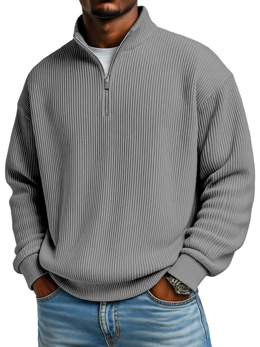 Men's Solid Color Vertical Pit Texture Stand Collar Zipper Long Sleeve Sweater