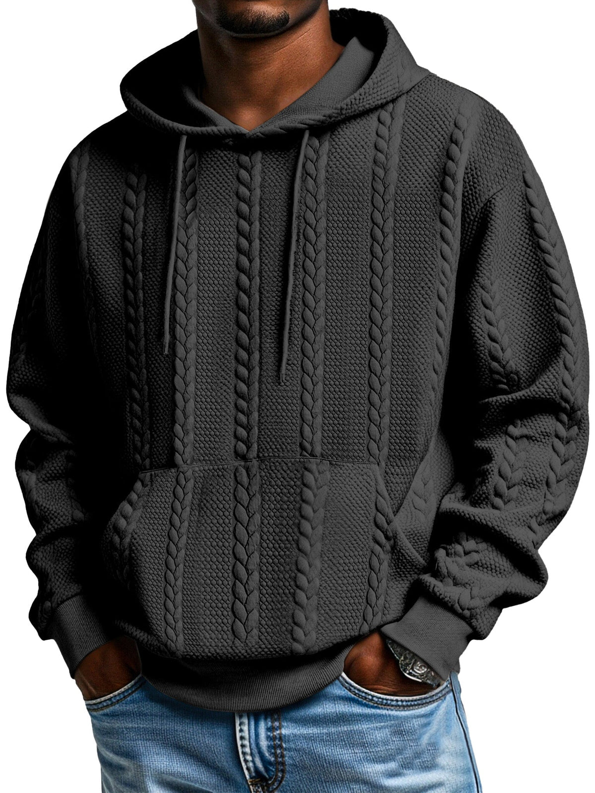 Men's Solid Color Jacquard Texture Kangaroo Pocket Long Sleeve Hooded Sweatshirt