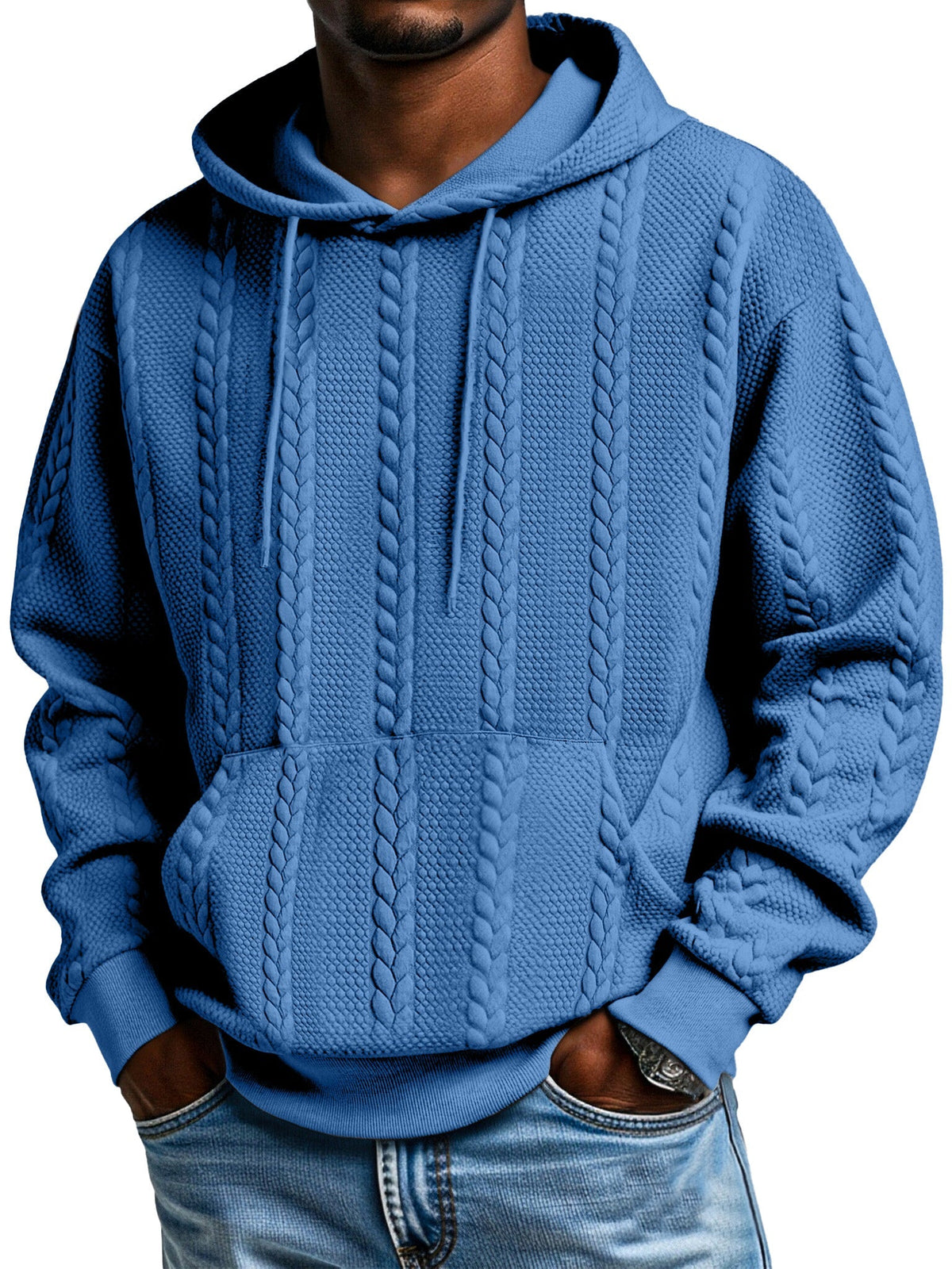 Men's Solid Color Jacquard Texture Kangaroo Pocket Long Sleeve Hooded Sweatshirt