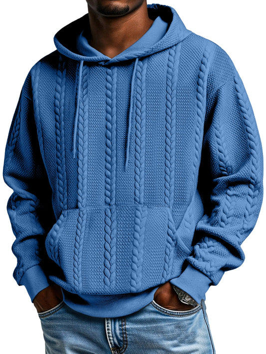 Men's Solid Color Jacquard Texture Kangaroo Pocket Long Sleeve Hooded Sweatshirt