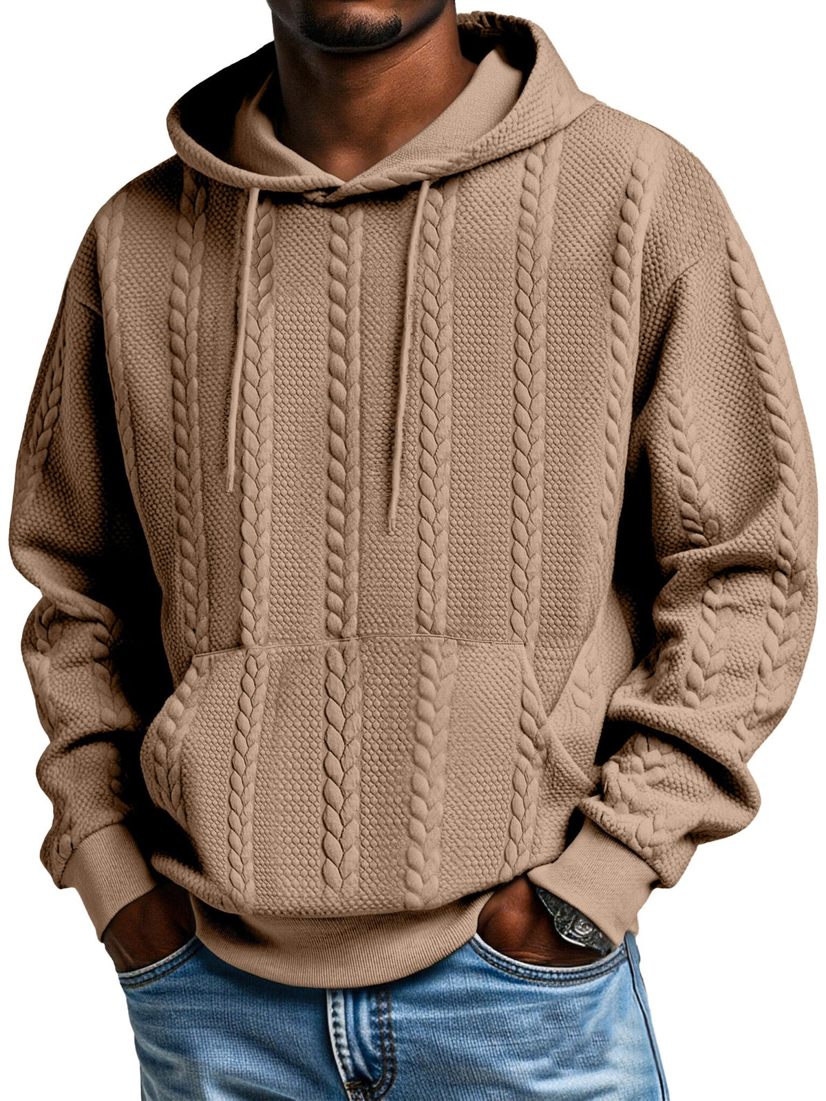 Men's Solid Color Jacquard Texture Kangaroo Pocket Long Sleeve Hooded Sweatshirt
