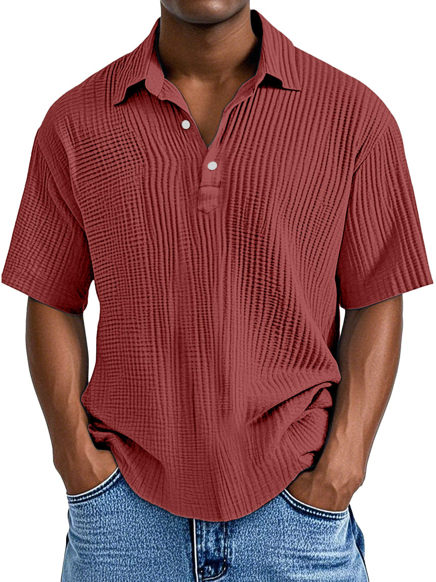Men's Simple Daily Loose Pleated Texture Short Sleeve Lapel Polo Shirt