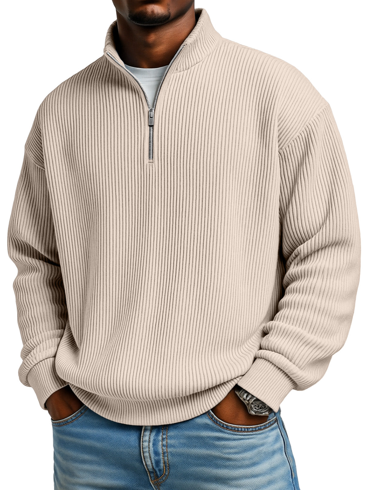 Men's Solid Color Vertical Pit Texture Stand Collar Zipper Long Sleeve Sweater