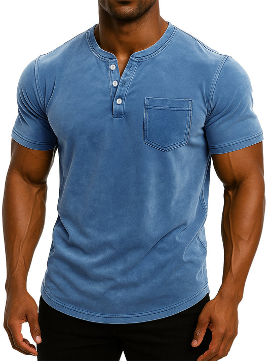 Men's Retro Stand Collar Casual Pocket Solid Color Slim Fit Short Sleeve Henley Shirt