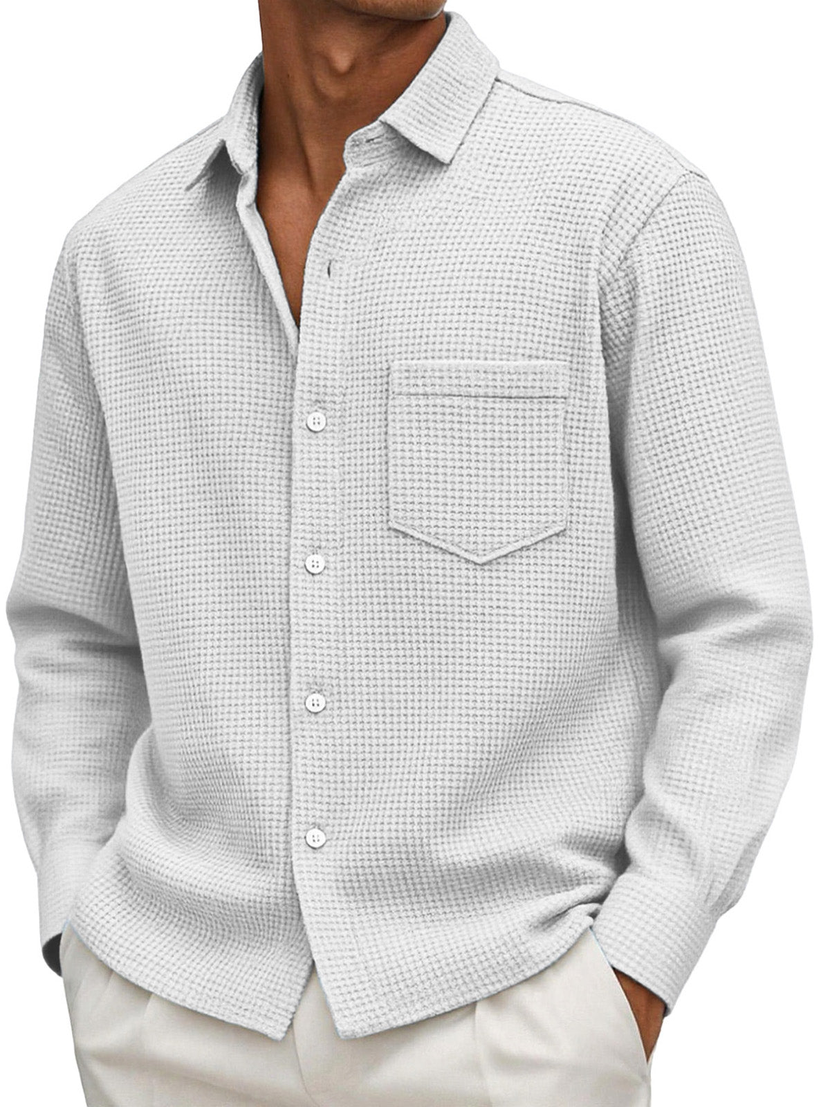 Men's Casual Solid Color Waffle Long Sleeve Shirt With Pockets