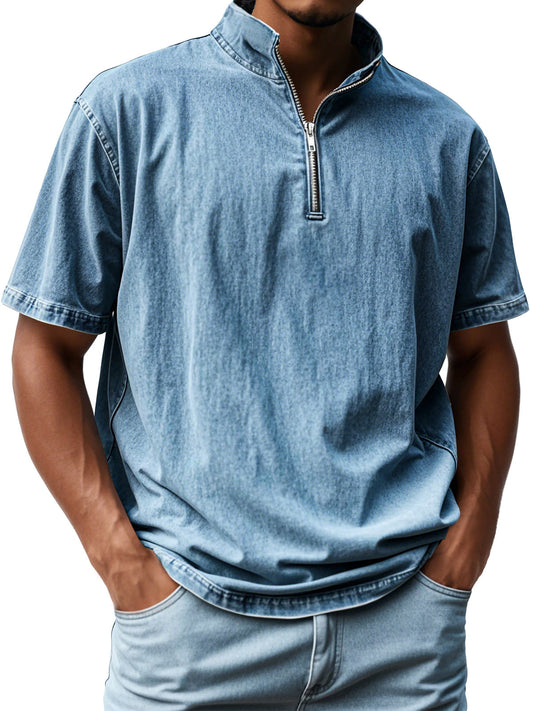Men's Retro Stand Collar Zipper Casual Short Sleeve T-Shirt