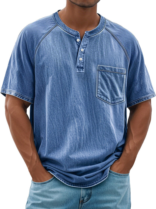Men's Retro Everyday Raglan Pocket Casual Short Sleeve Henley Shirt