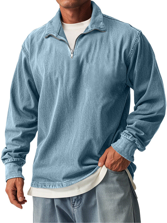 Men's Retro Casual Stand Collar Zipper Long Sleeve T-Shirt
