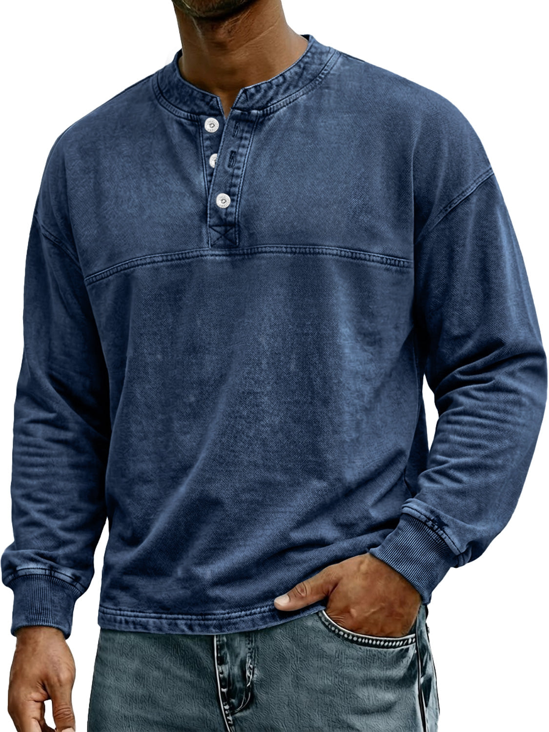 Men's Retro-Style Stand Collar Button Casual Long Sleeve Henley Shirt