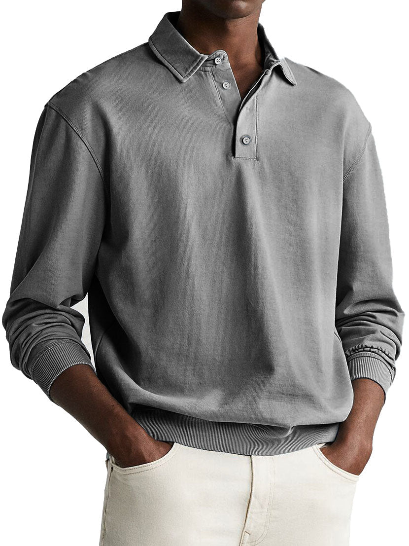 Men's Retro Distressed Comfortable Long Sleeve Lapel Polo Shirt