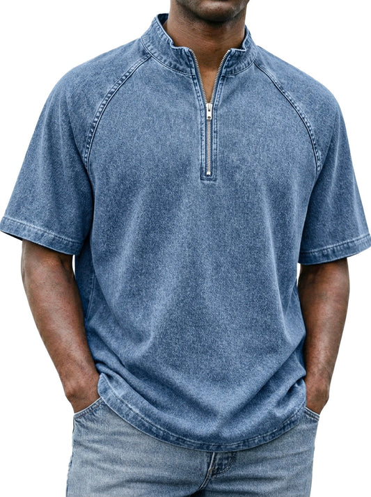 Men's Retro Raglan Sleeve Stand-collar Zip-up Casual Short-sleeved T-shirt