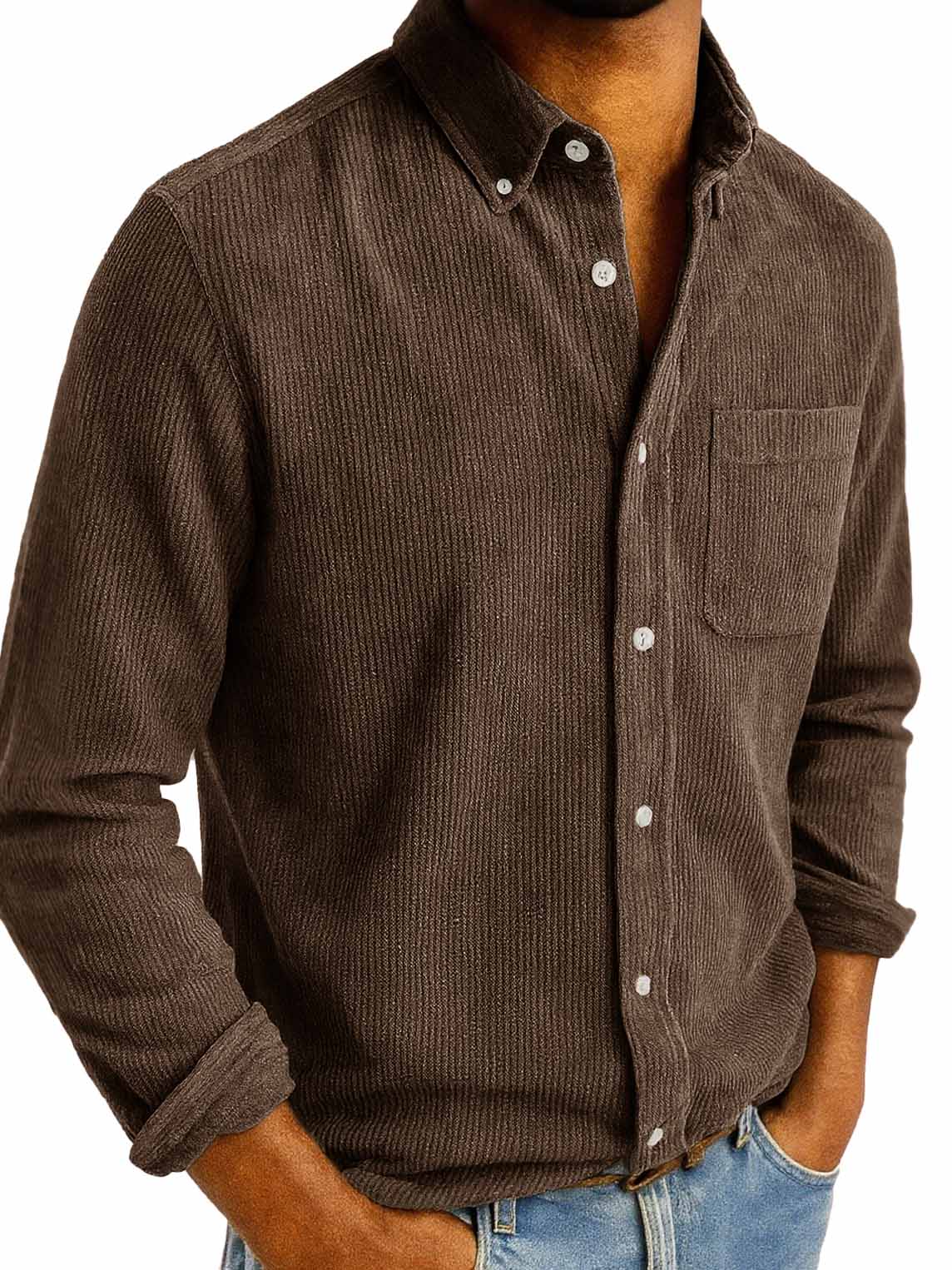 Men's Fashion Retro Daily Casual Corduroy Fabric Lapel Long Sleeve Pocket Shirt