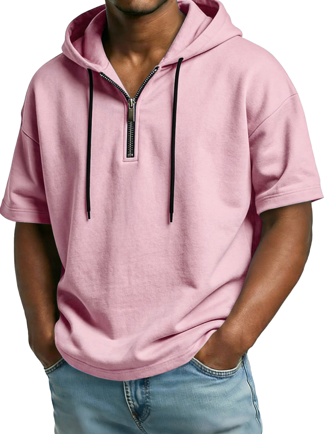 Men's Comfortable Hooded Zip-up Short-sleeved Casual Top