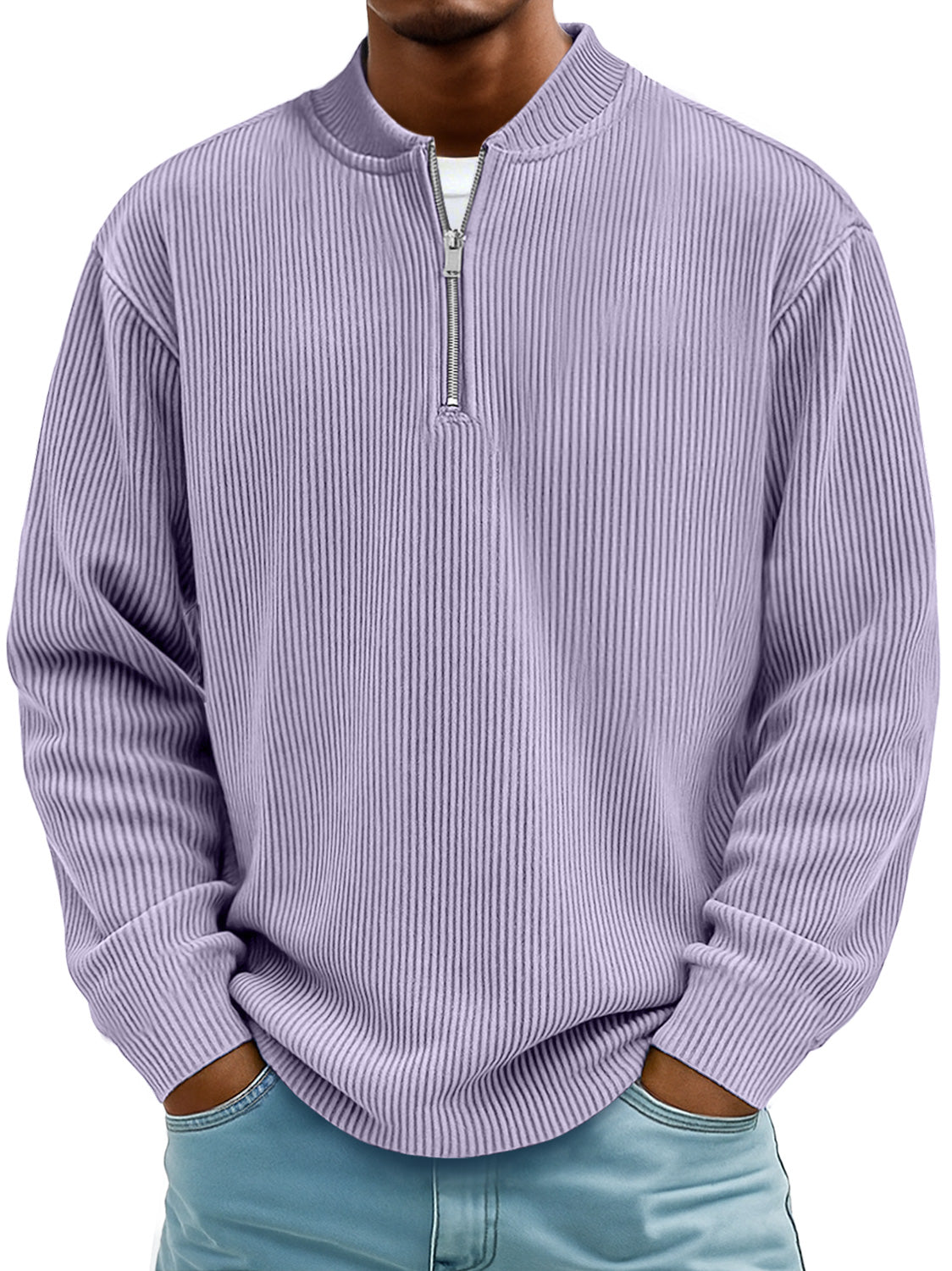 Men's Daily Striped Baseball Collar Zipper Casual Long Sleeve T-shirt