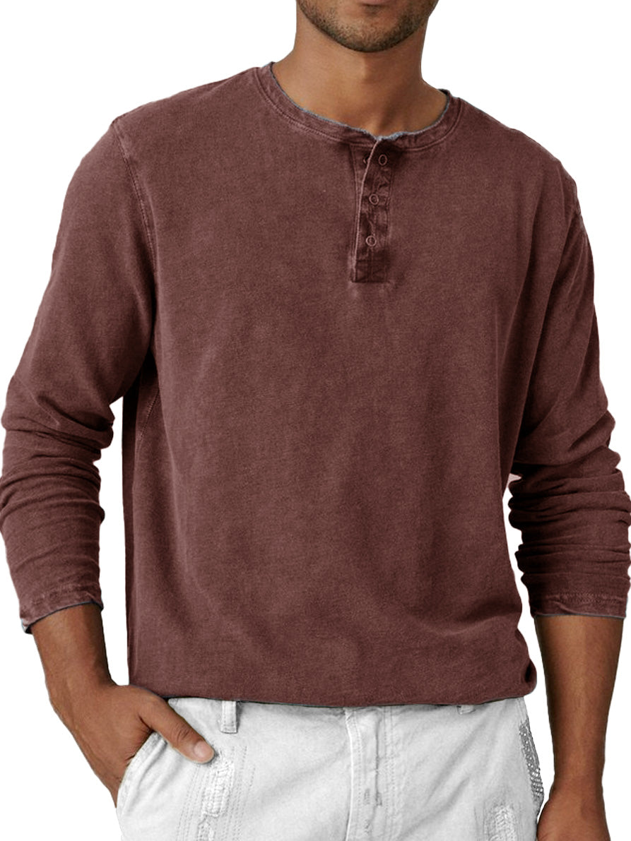 Men's Fashion Retro Distressed Round Neck Long Sleeve Henley Shirt