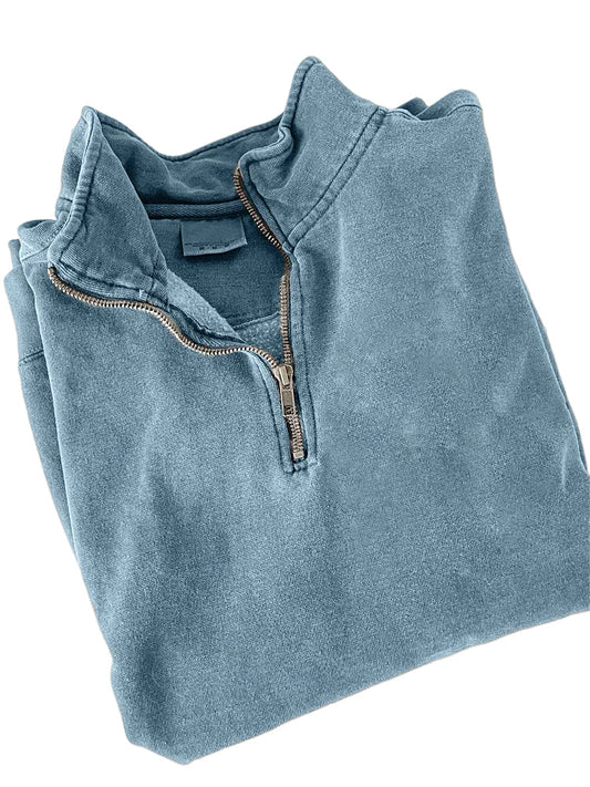 Men's Quarter Zip Distressed Washed Cotton Zipper Long Sleeve Sweatshirt