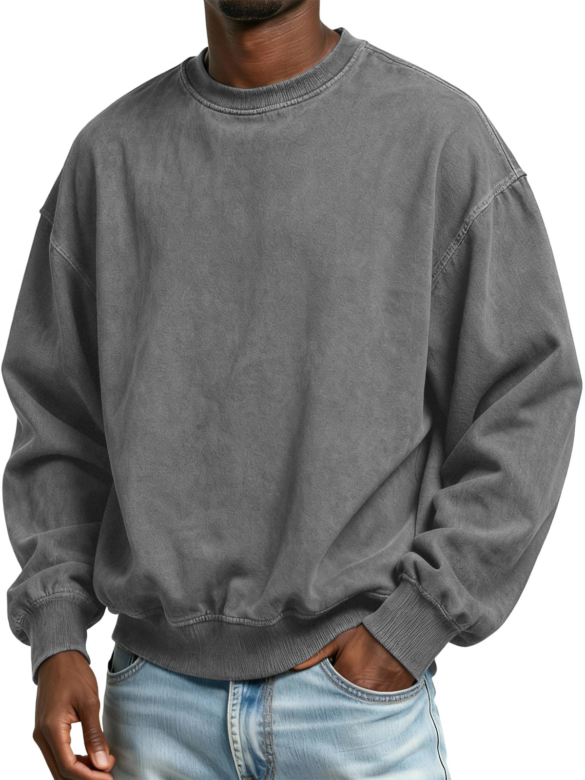Men's Vintage Washed Distressed Batik Cotton Crew Neck Long Sleeve Sweatshirt