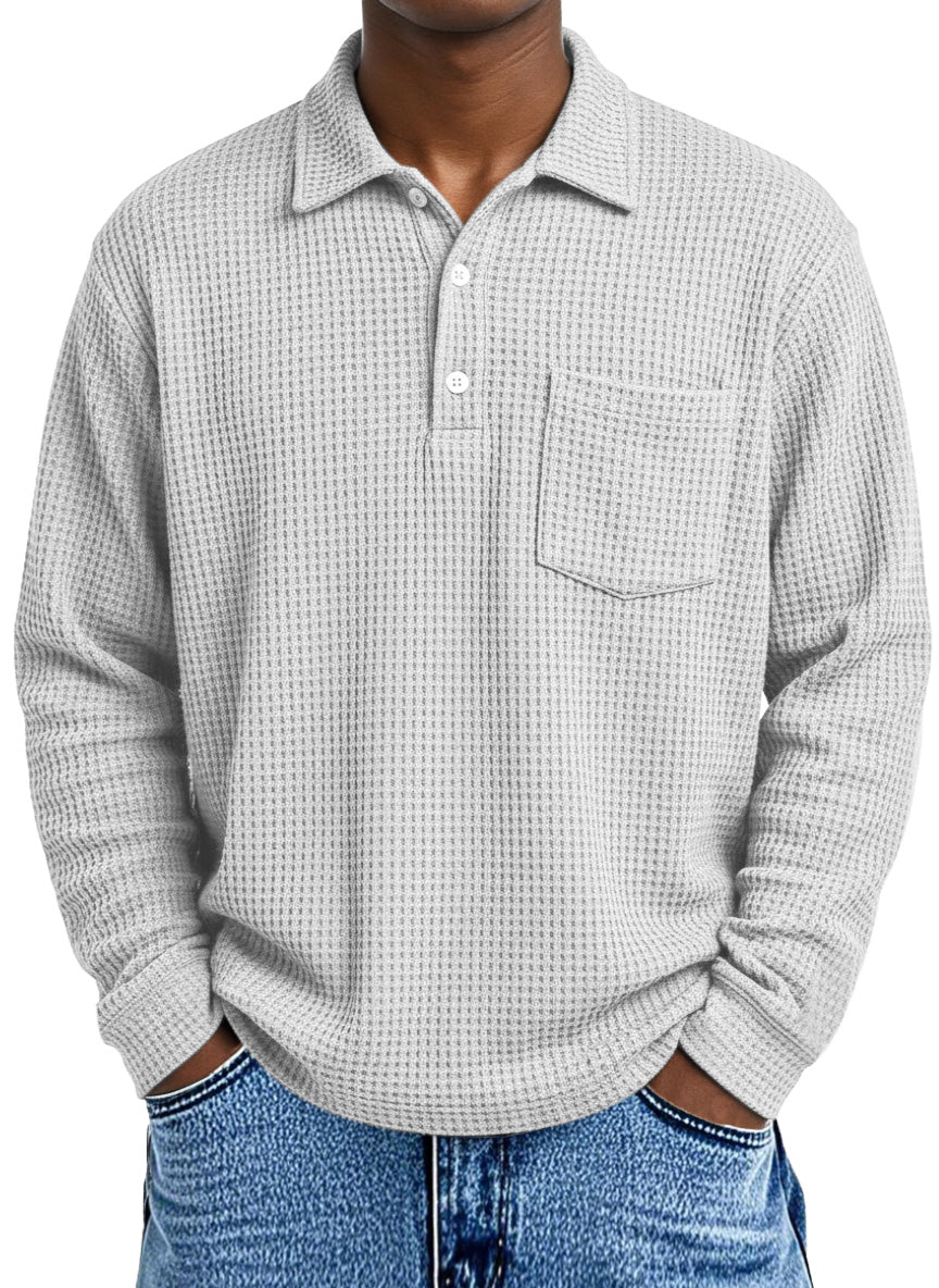 Men's Loose Simple Solid Color Waffle Long Sleeve Lapel Polo Shirt