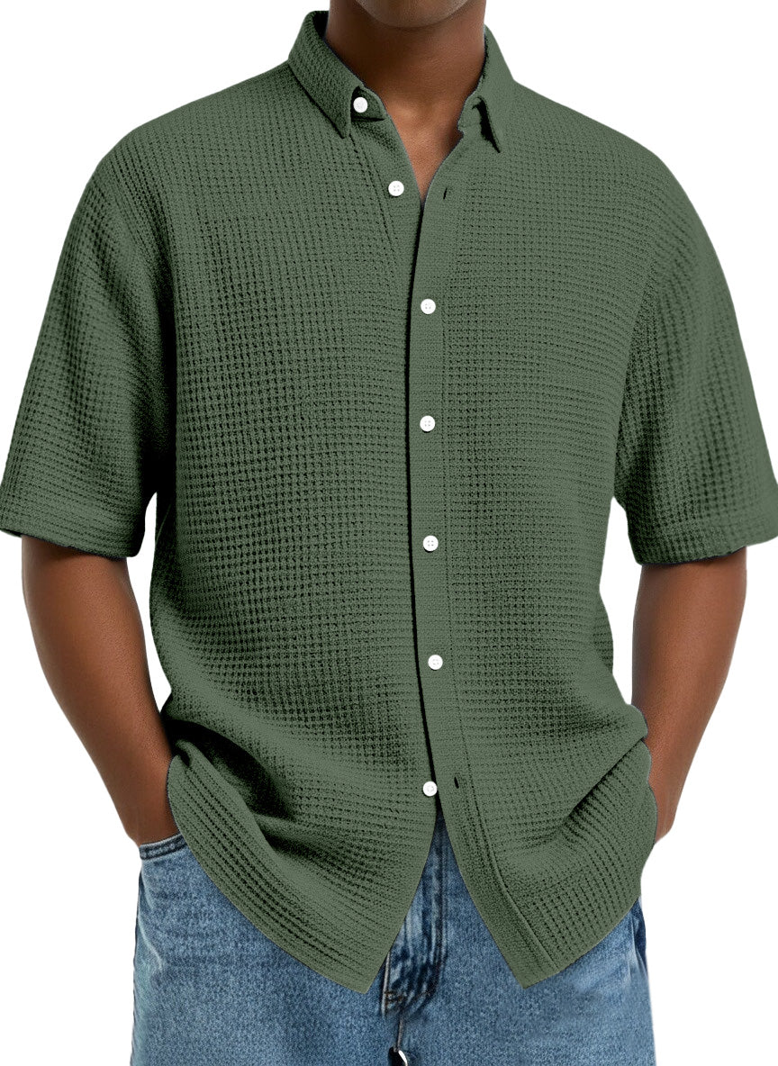 Men's Casual Simple Solid Color Waffle Short Sleeve Shirt