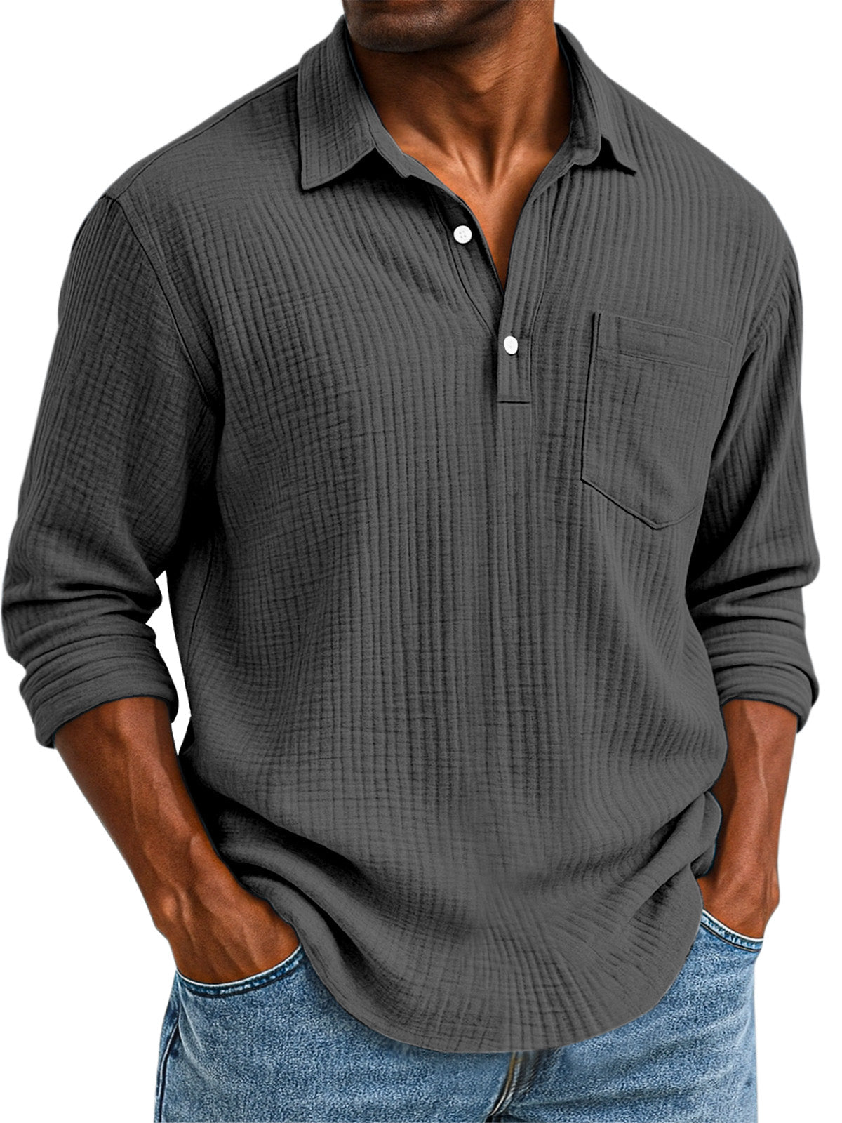 Men's Daily Casual Solid Color Textured Button Long Sleeve Polo Shirt