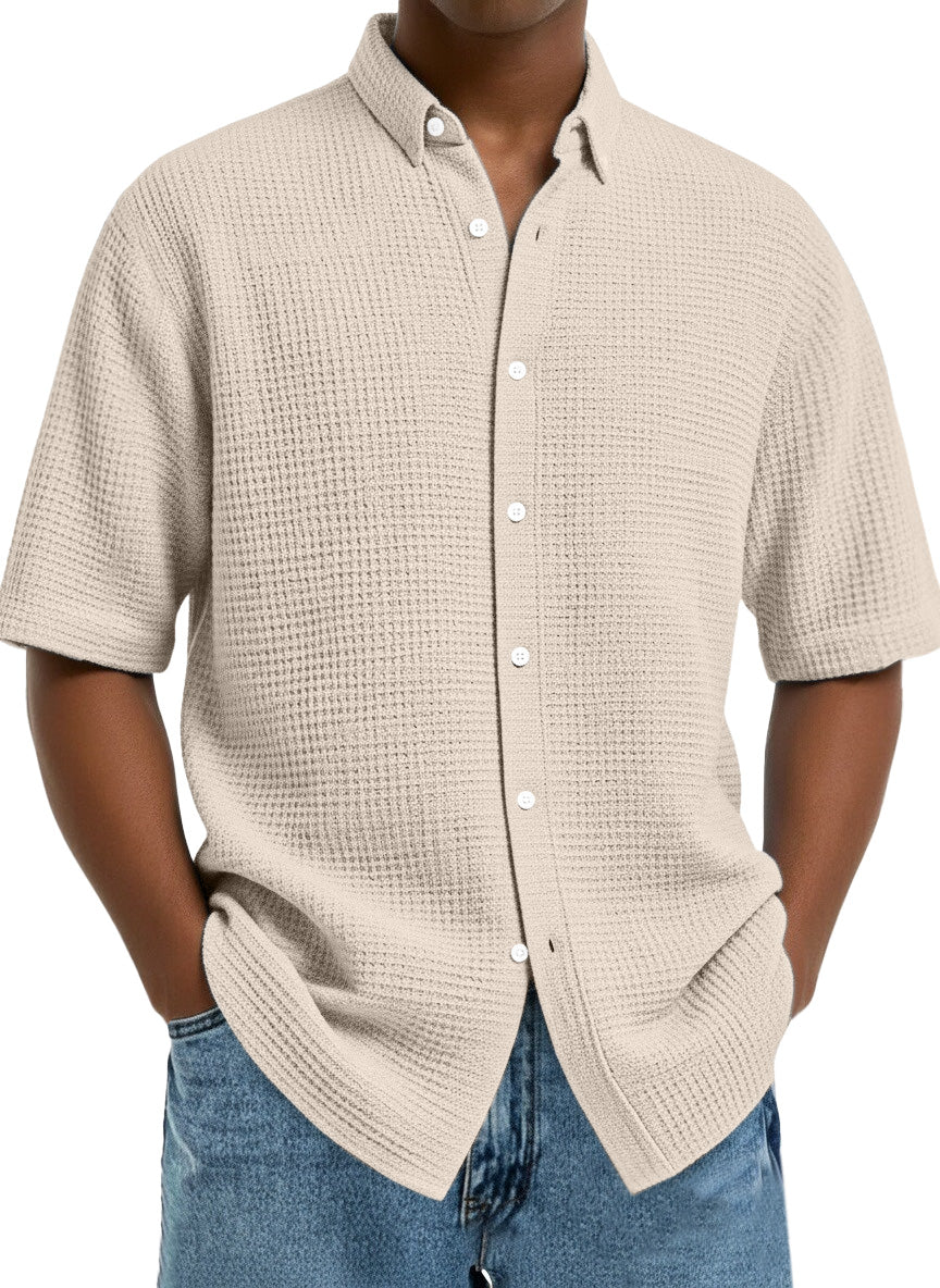 Men's Casual Simple Solid Color Waffle Short Sleeve Shirt