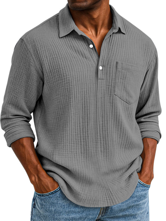 Men's Daily Casual Solid Color Textured Button Long Sleeve Polo Shirt