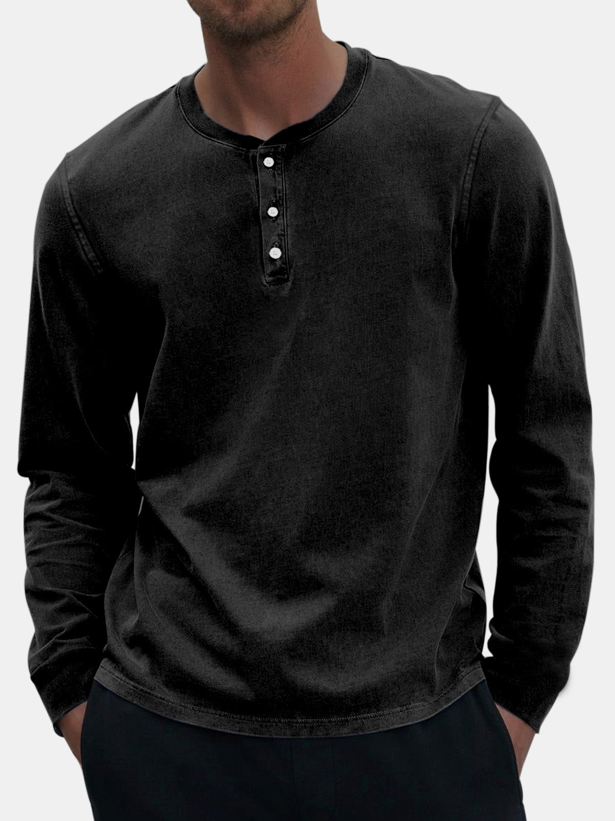 Men's Vintage Distressed Casual Button Down Long Sleeve Henley Shirt