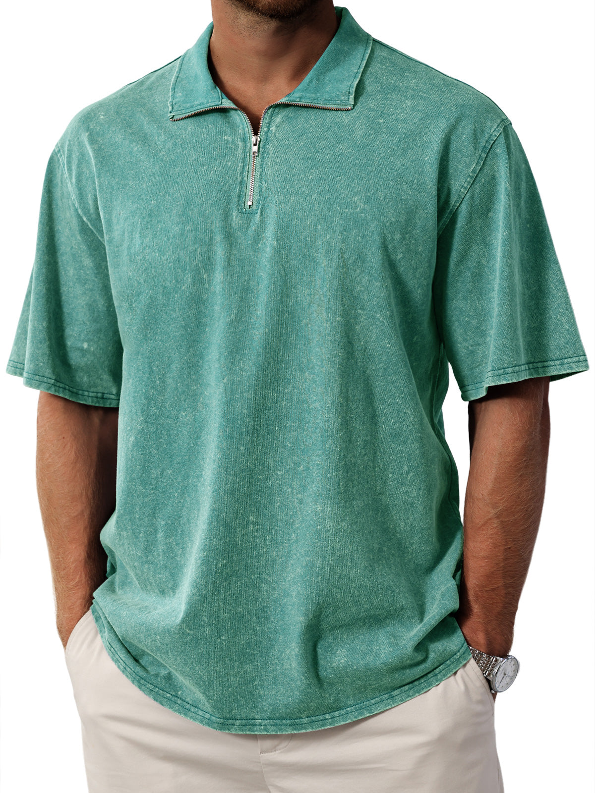 Men's Retro  Stand Collar Zipper Solid Color Short Sleeve T-Shirt