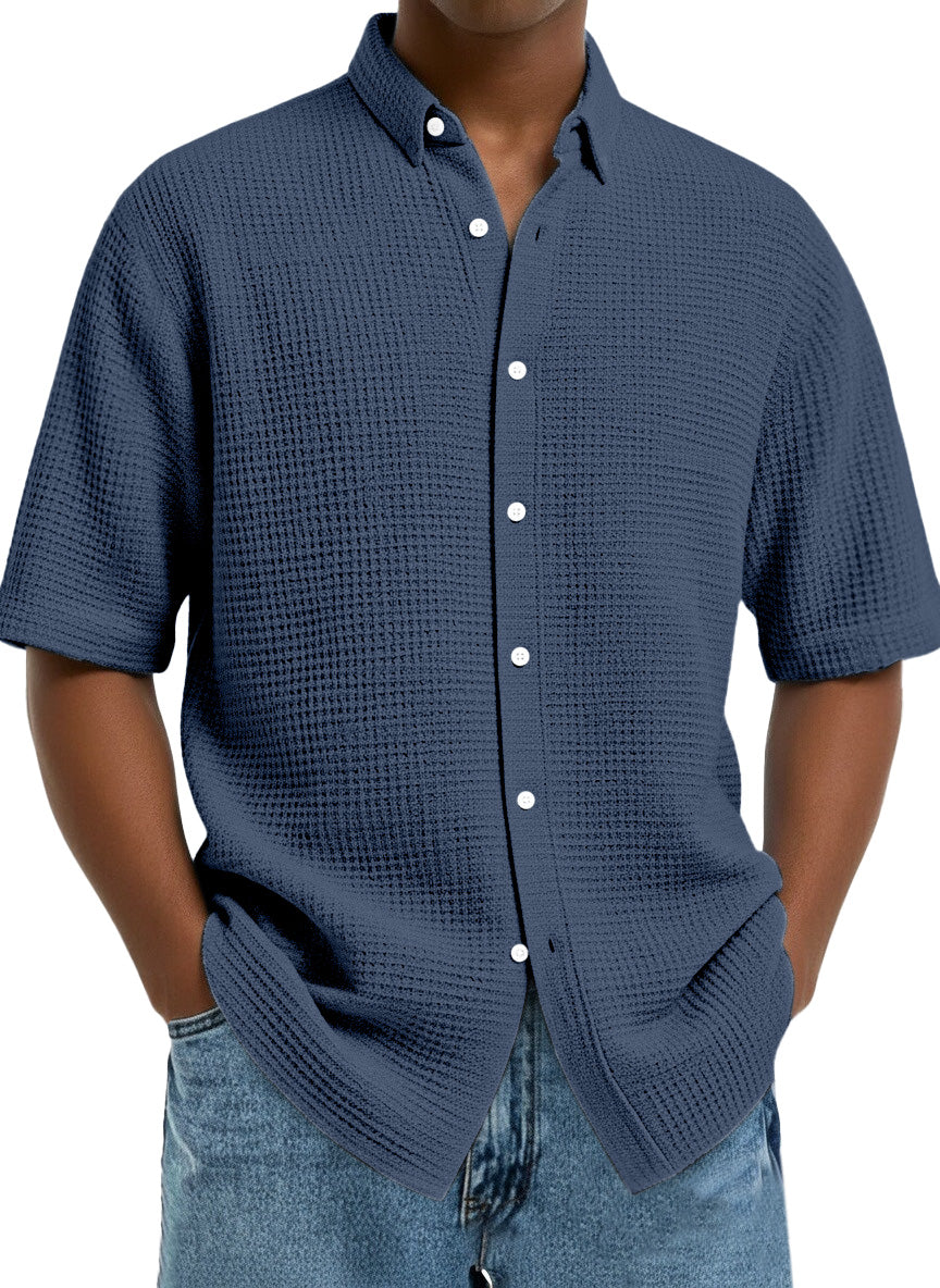 Men's Casual Simple Solid Color Waffle Short Sleeve Shirt