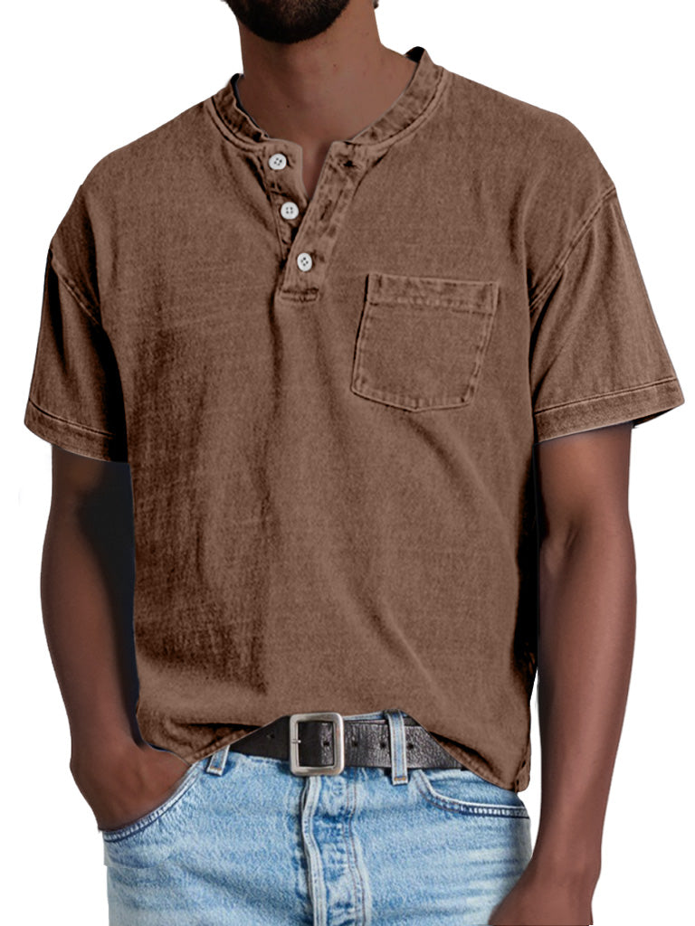 Men's Retro Casual Solid Color Pocket Short Sleeve Henley Shirt