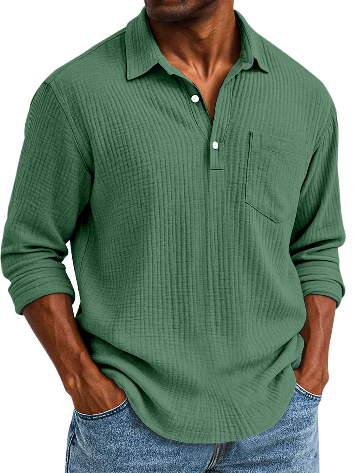 Men's Daily Casual Solid Color Textured Button Long Sleeve Polo Shirt
