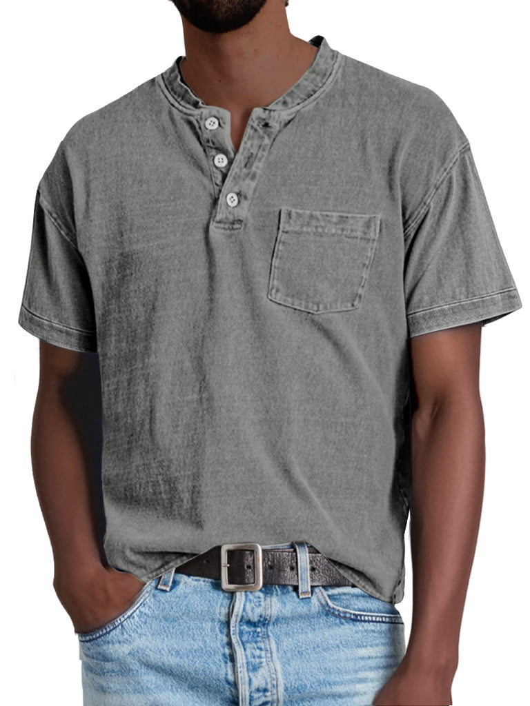 Men's Retro Casual Solid Color Pocket Short Sleeve Henley Shirt