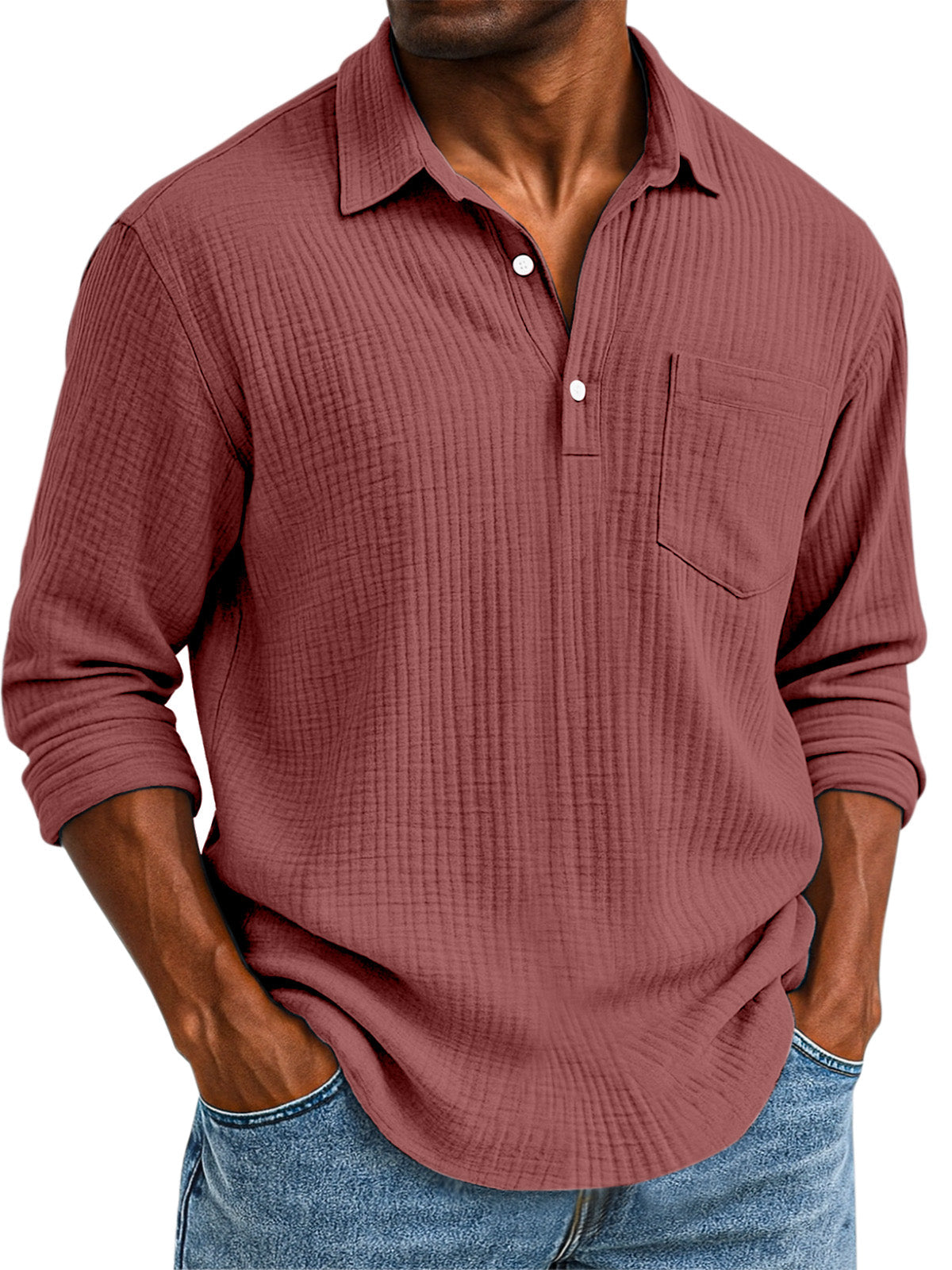 Men's Daily Casual Solid Color Textured Button Long Sleeve Polo Shirt