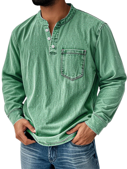 Men's Retro Stand Collar Pocket Casual Distressed Long Sleeve Henley Shirt