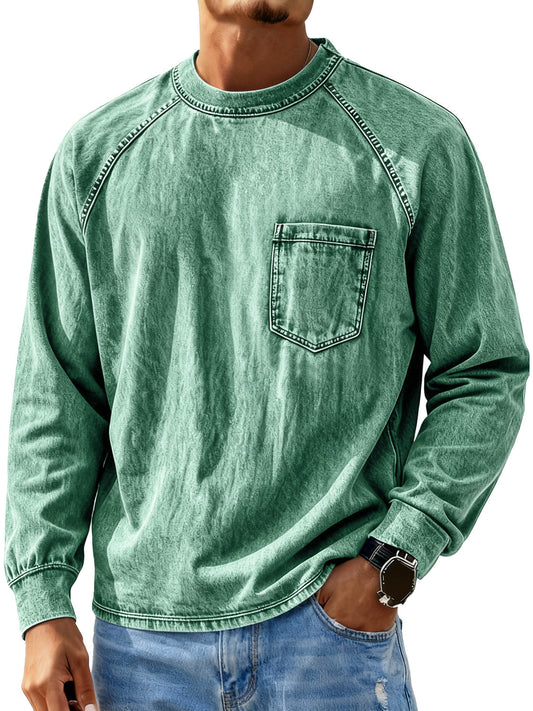 Men's Retro Crew Neck Raglan Casual Pocket Long Sleeve T-Shirt